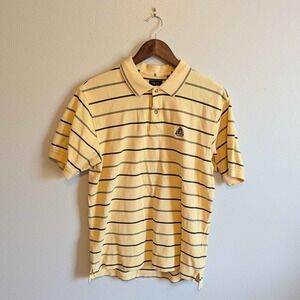 VTG IZOD Polo Shirt Mens Medium Yellow Blue Striped Short Sleeve Cotton Pique